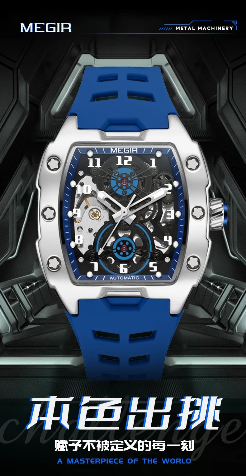 Design MEGIR Mechanical Watch Blue Silicone Strap Automatic Skeleton Watch Watches - 3