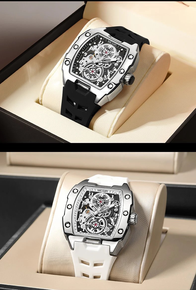 Design MEGIR Mechanical Watch Blue Silicone Strap Automatic Skeleton Watch Watches - 16
