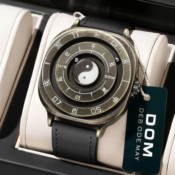 Design DOM Yin Yang Dial Bronze Case Black Leather Strap Watch Watches - 1