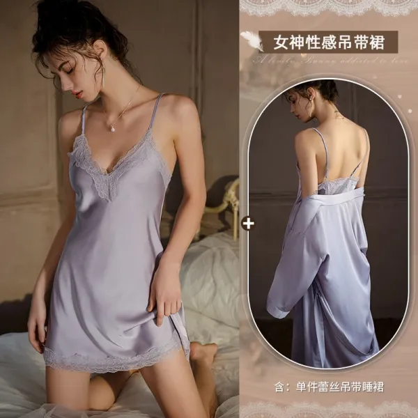 Design Lace Trim Satin Slip Nightdress with Matching Robe in Lavender Sleepwear - 1