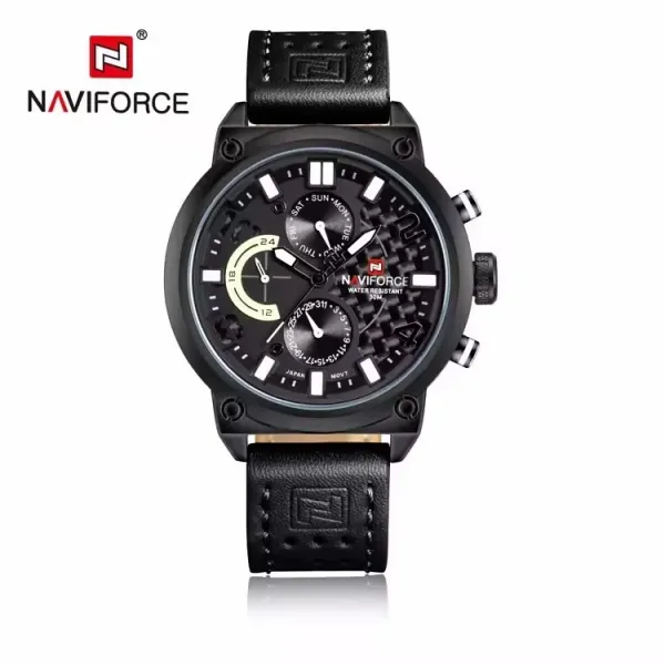 Design Naviforce Chronograph Black Leather Strap Watch Watches - 1