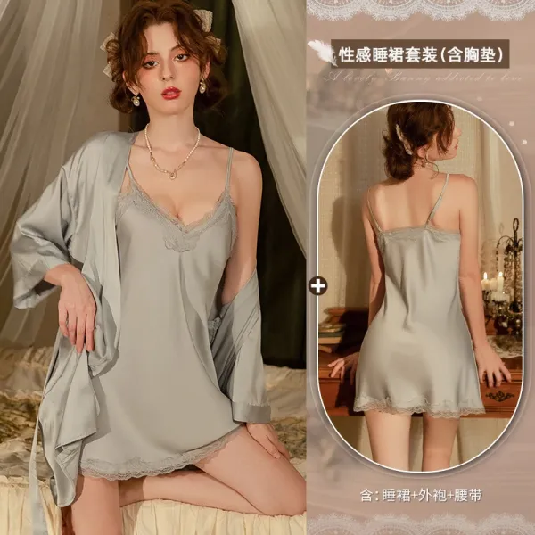 Design Satin Lace Trim Sleepwear Set Gray - 1
