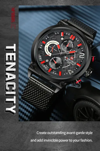 Design NAVIFORCE Chronograph Black Red Mesh Strap Quartz Watch Watches - 12