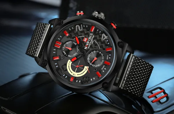 Design NAVIFORCE Chronograph Black Red Mesh Strap Quartz Watch Watches - 21