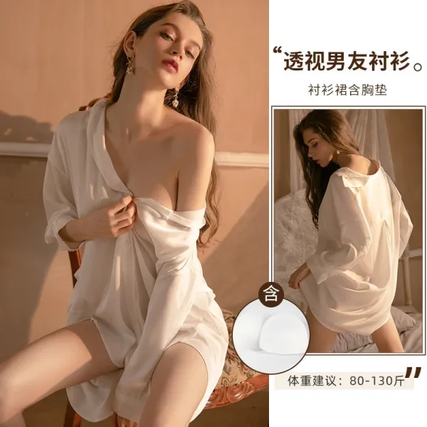 Design Sheer Shirt Dress with Built-in Bra White Sleepwear - 1
