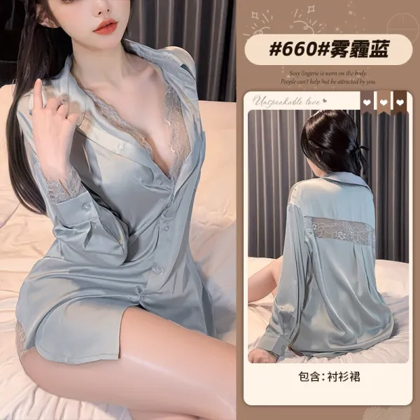Design Shirt Dress Lace-Trimmed Satin Sleepwear - 1