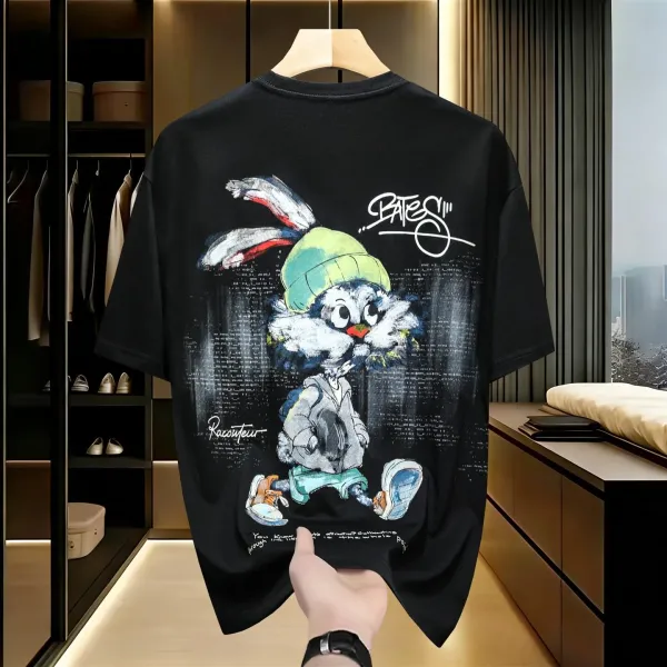 Design Rabbit Graffiti Print Oversized Black T-Shirt - 1