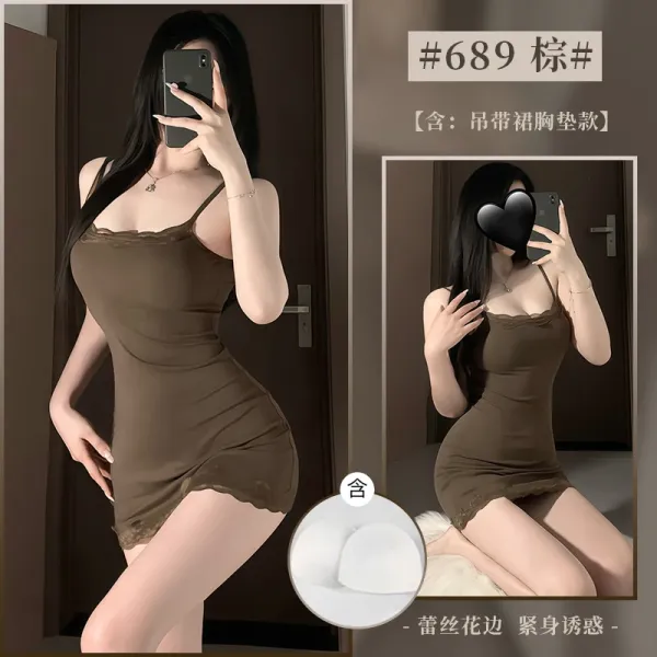 Design #689 Chest Pad Slip Dress Brown Lace Trim - 1