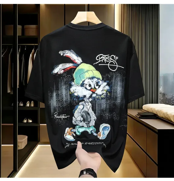Design Rabbit Graffiti Print Oversized Black T-Shirt - 5