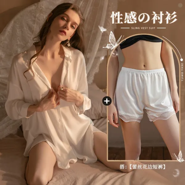 Design Sling Vest Suit in Ivory with Lace-Trimmed Shorts Sleepwear - 1