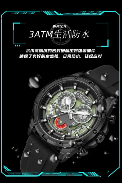 Design MEGIR Chronograph Turquoise Silicone Strap Watch Watches - 7