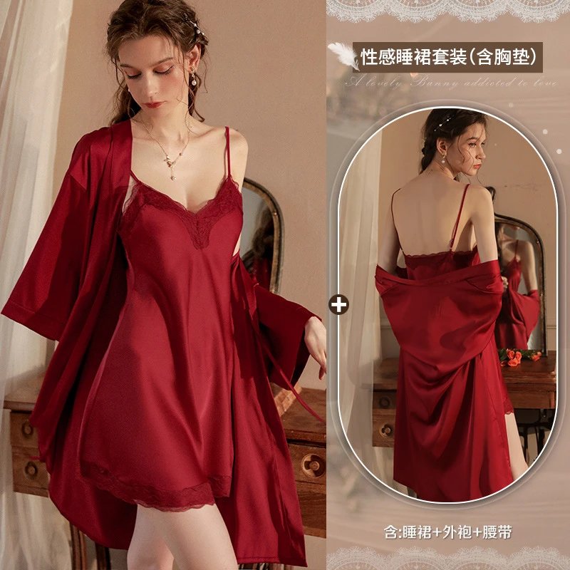 Design Red Lace Trim Satin Sleepwear Set with Robe and Built-in Bra