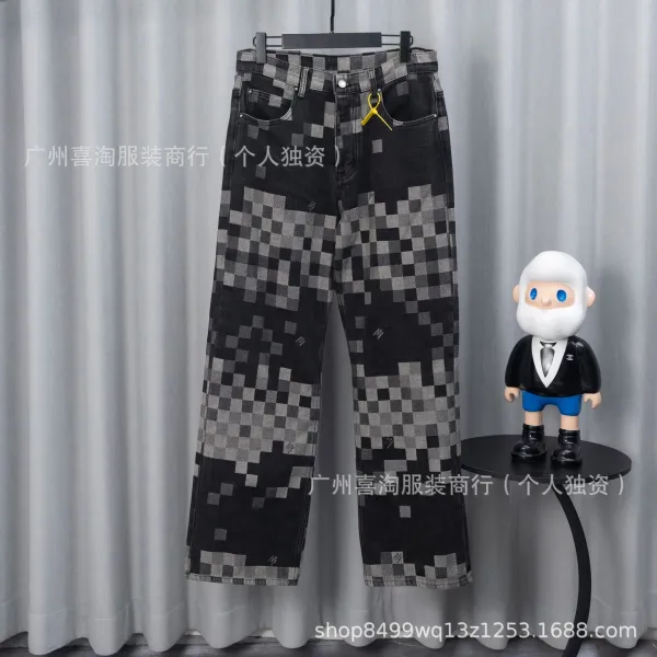 Design Pixelated Grid Print Wide-Leg Jeans Black Gray - 1