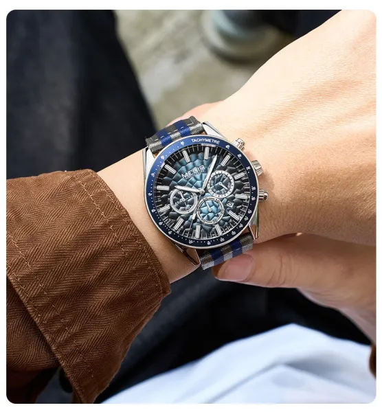 Design MEGIR Chronograph Black Gold Striped Nylon Strap Watch Watches - 14