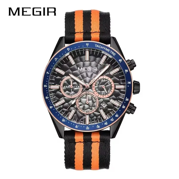 Design MEGIR Chronograph Black Orange Nylon Strap Watch Watches - 1