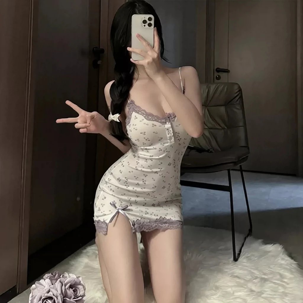 Floral Lace Trim Slip Dress Beige Purple Sleepwear