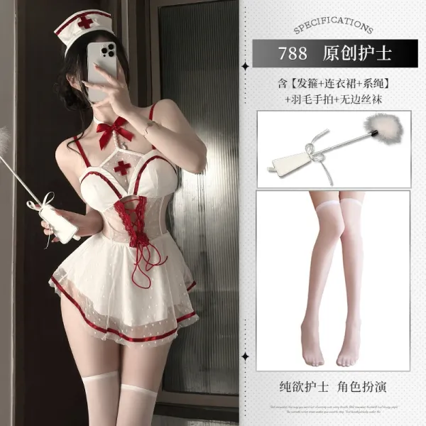 Design Nurse Roleplay Costume Set White Red Dress - 1