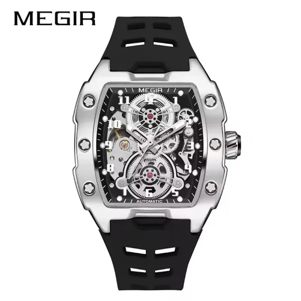 Design MEGIR Skeleton Automatic Watch Black Rubber Strap Mechanical Watch Watches - 1