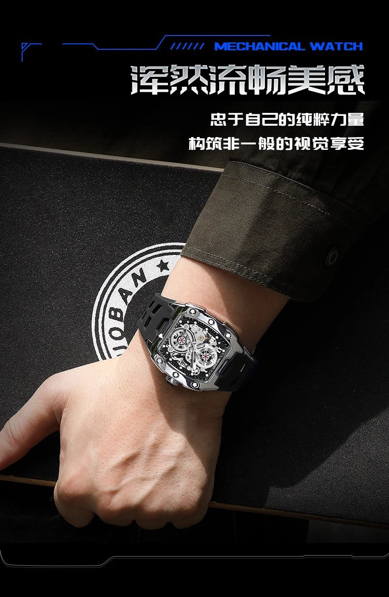 Design MEGIR Mechanical Watch Blue Silicone Strap Automatic Skeleton Watch Watches - 9