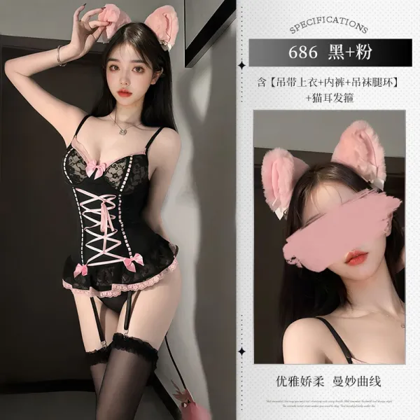 Design Corset Lingerie Set Black + Pink with Cat Ear Headband Underwear - 1