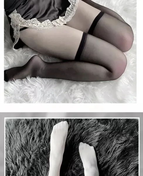 Design Lace-Trimmed Sheer Thigh-High Stockings in White with Pink Satin Undergarment Underwear - 7