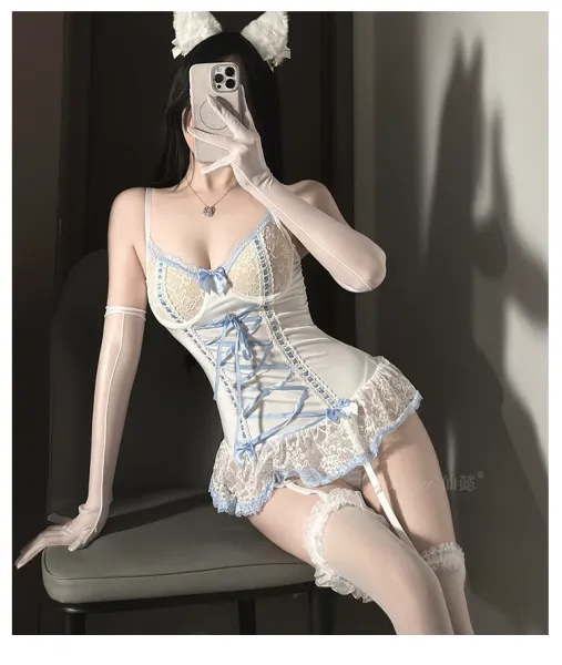 Design Corset Lingerie Set Black + Pink with Cat Ear Headband Underwear - 12