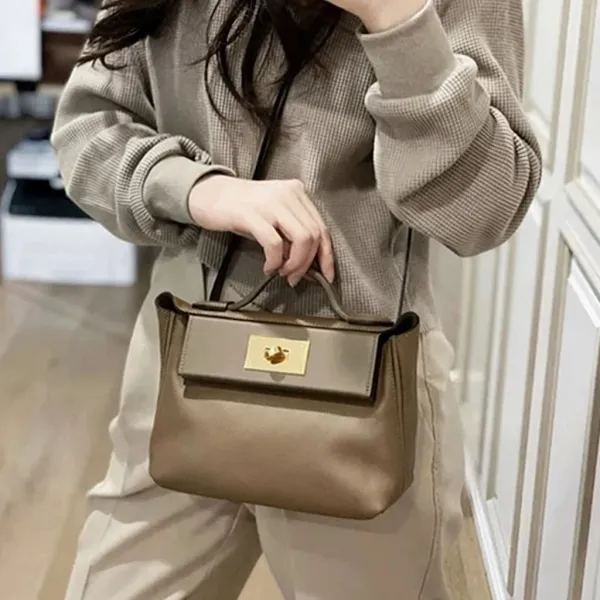 Design Mini Top-Handle Satchel Bag in Taupe with Gold-tone Hardware Handbags - 1