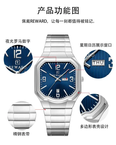 Design Reward Octagon Blue Dial Stainless Steel Watch Watches - 9