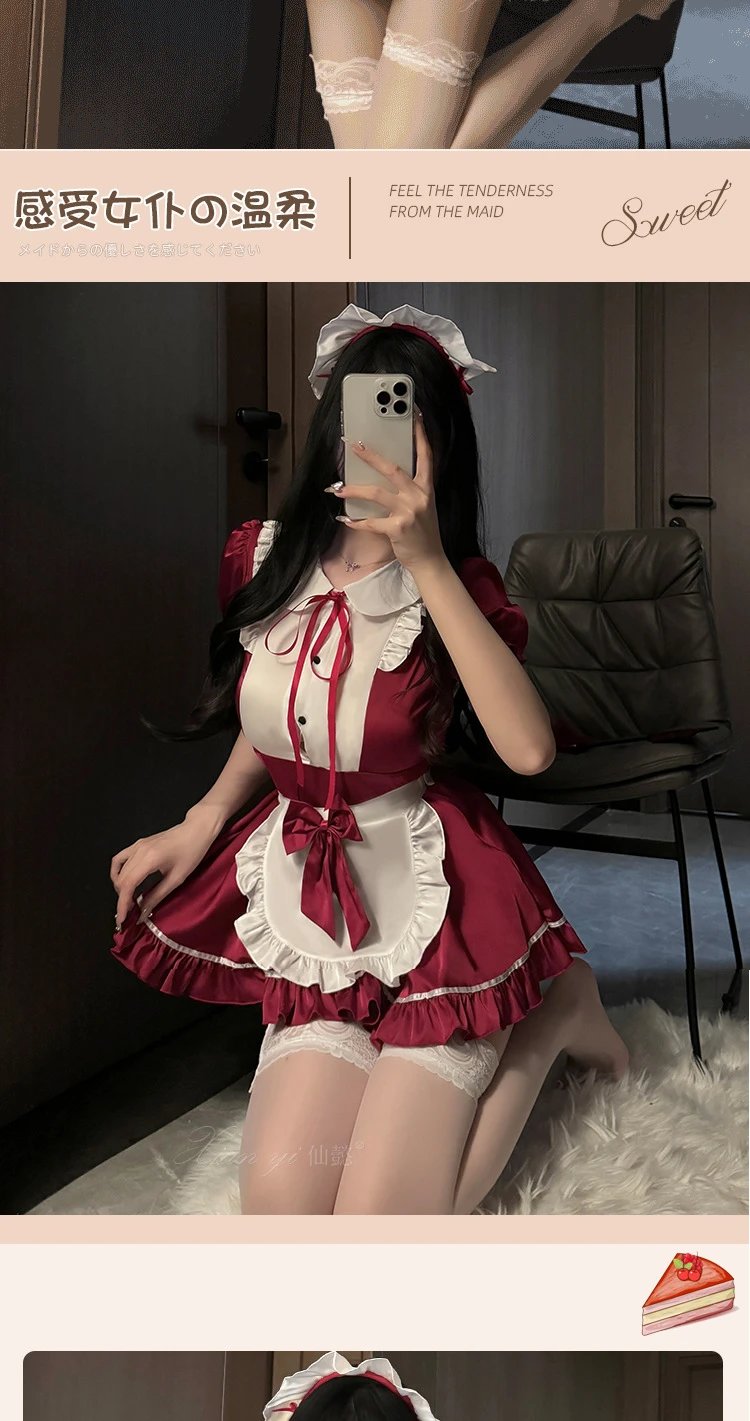 Design Sweetheart MAid #582 Red Maid Dress Set with Hair Accessory and Lace Stockings Dress - 17
