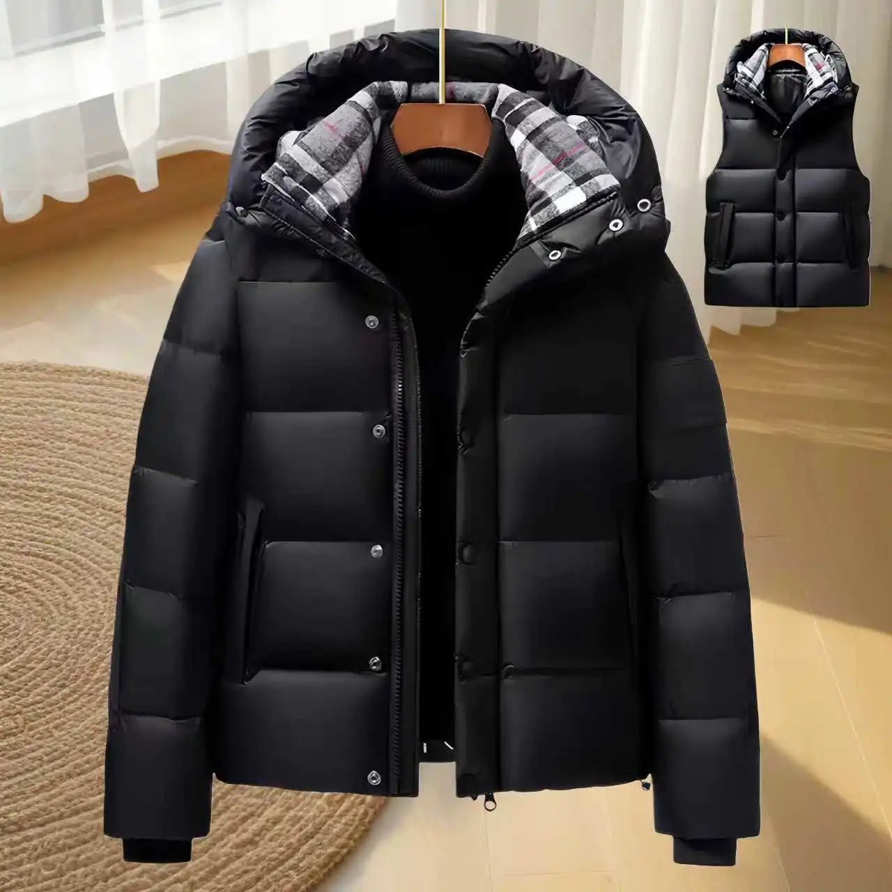 Design BOA BAE Down Jacket Black with Plaid Hood Trim Down Jacket - 2