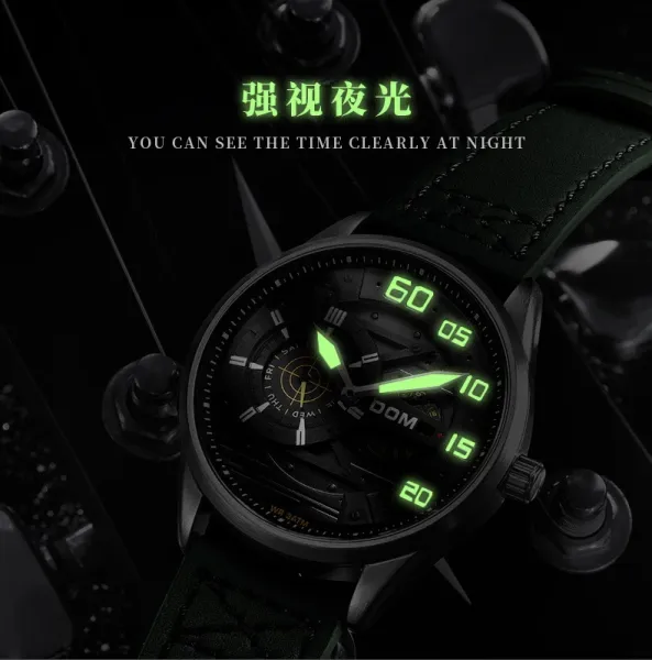 Design DOM DOM Chronograph Military Green Leather Strap Watch Watches - 12