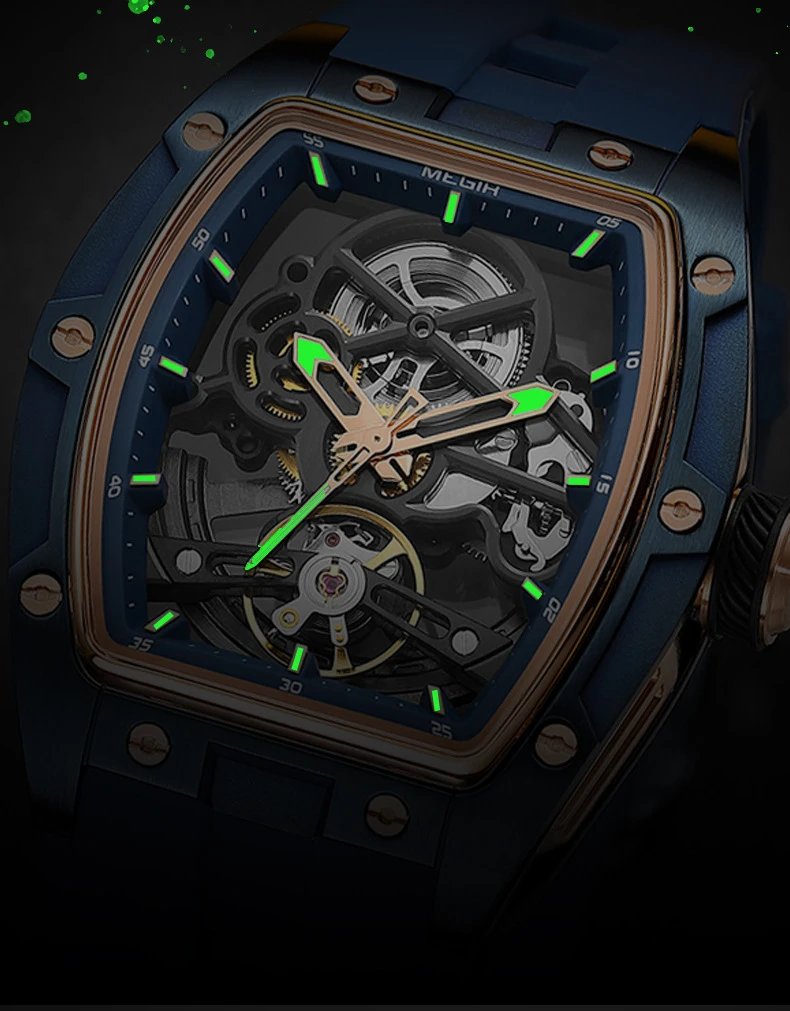 Design MEGIR Skeleton Mechanical Watch Blue Rubber Strap Watches - 11
