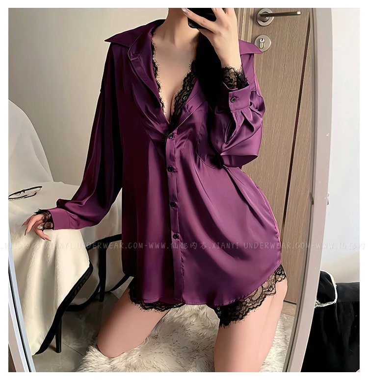 Design Leopard Print Lace-Trimmed Sleepwear Shirt - 16