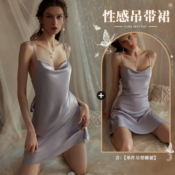 Design Sling Vest Suit Lilac Satin Slip Dress Sleepwear - 1