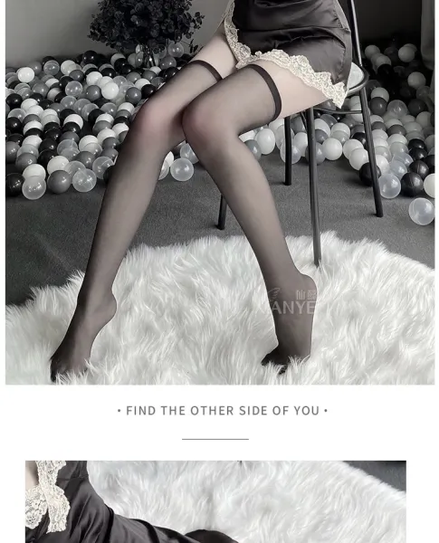 Design Lace-Trimmed Sheer Thigh-High Stockings in White with Pink Satin Undergarment Underwear - 11