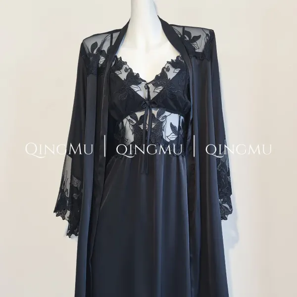 Design QINGMU Black Lace-Embellished Silk Sleepwear Set with Sheer Robe Sleepwear - 1
