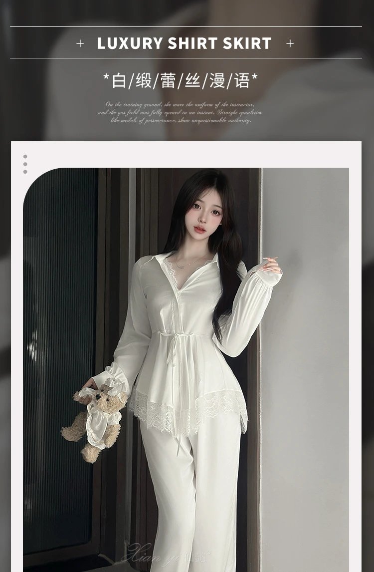 Design Lace-Trimmed Satin Pajama Set White Sleepwear - 4