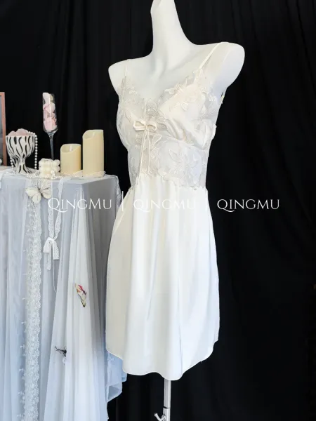 Design QINGMU Lace-Embroidered Sheer Robe Set in Light Blue Sleepwear - 13