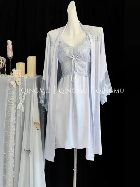 Design QINGMU Lace-Embroidered Sheer Robe Set in Light Blue Sleepwear - 17