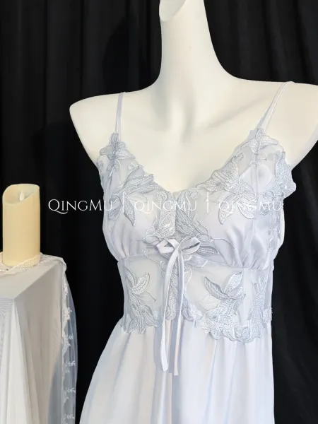 Design QINGMU Lace-Embroidered Sheer Robe Set in Light Blue Sleepwear - 25