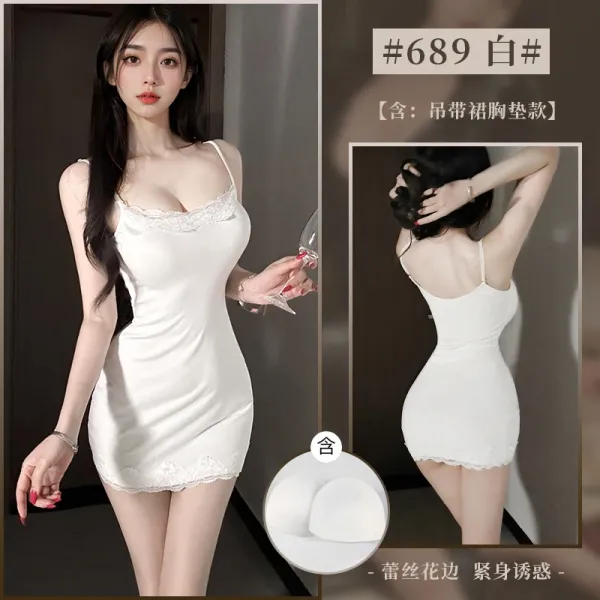 Design #689 White Lace Trim Slip Dress with Built-in Bra - 1