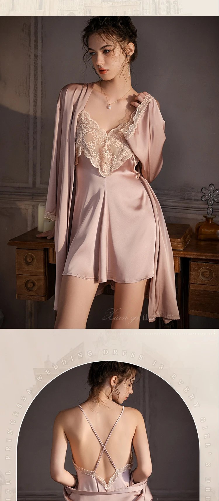 Design Sexy Fashion Lace-Trimmed Satin Sleepwear Set Red Sleepwear - 16