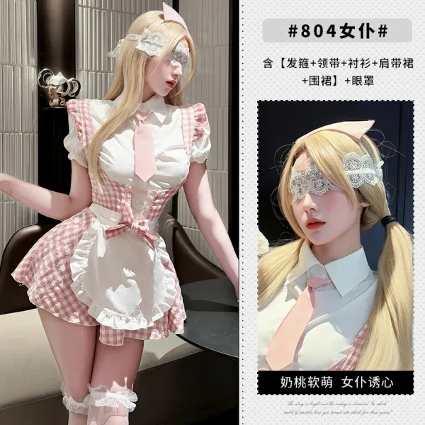 Design #804 Maid Costume Set Pink Gingham White Dress - 1