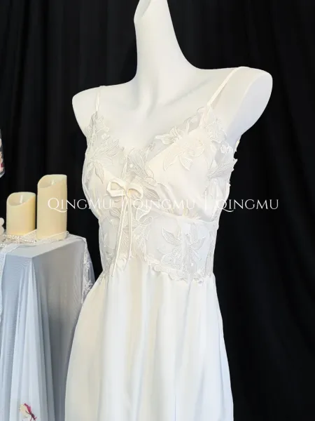 Design QINGMU Lace-Embroidered Sheer Robe Set in Light Blue Sleepwear - 14