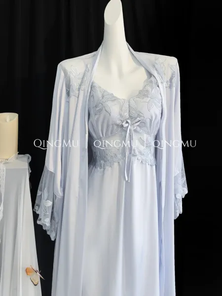 Design QINGMU Lace-Embroidered Sheer Robe Set in Light Blue Sleepwear - 19