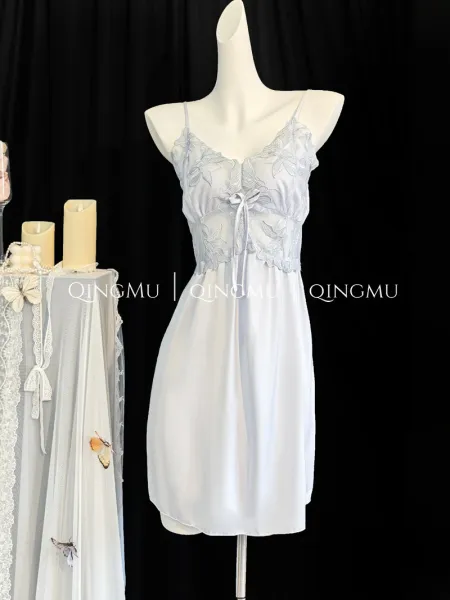 Design QINGMU Lace-Embroidered Sheer Robe Set in Light Blue Sleepwear - 23