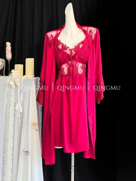 Design QINGMU Lace-Embroidered Sheer Robe Set in Light Blue Sleepwear - 26