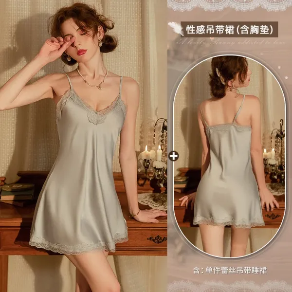 Design Silk Lace Trim Camisole Nightdress with Built-in Bra in Sage Green Sleepwear - 1