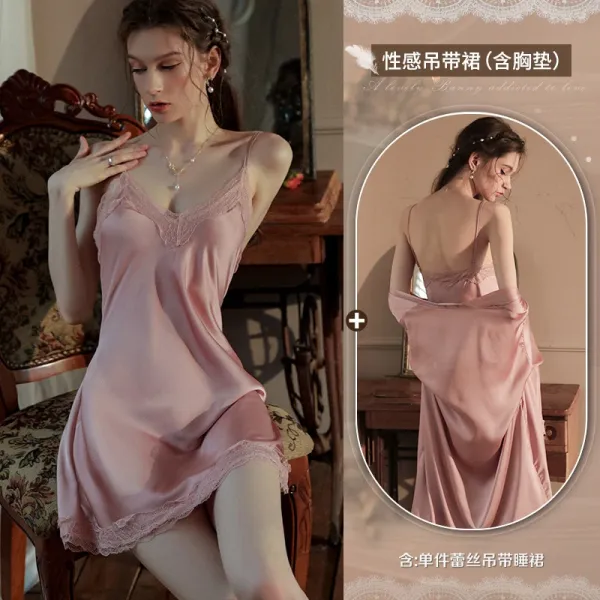 Design Lace-Trimmed Satin Slip Dress in Pink Sleepwear - 1
