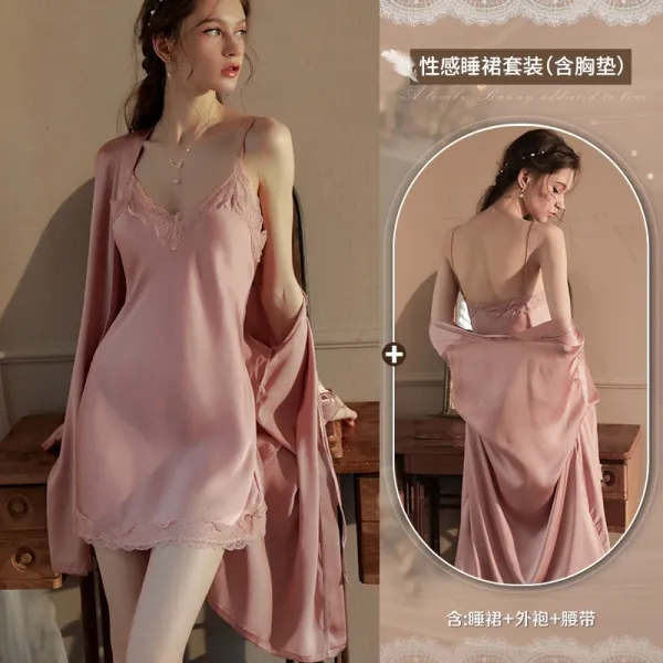 Design Pink Lace Trim Satin Sleepwear Set with Bra Pad - 1